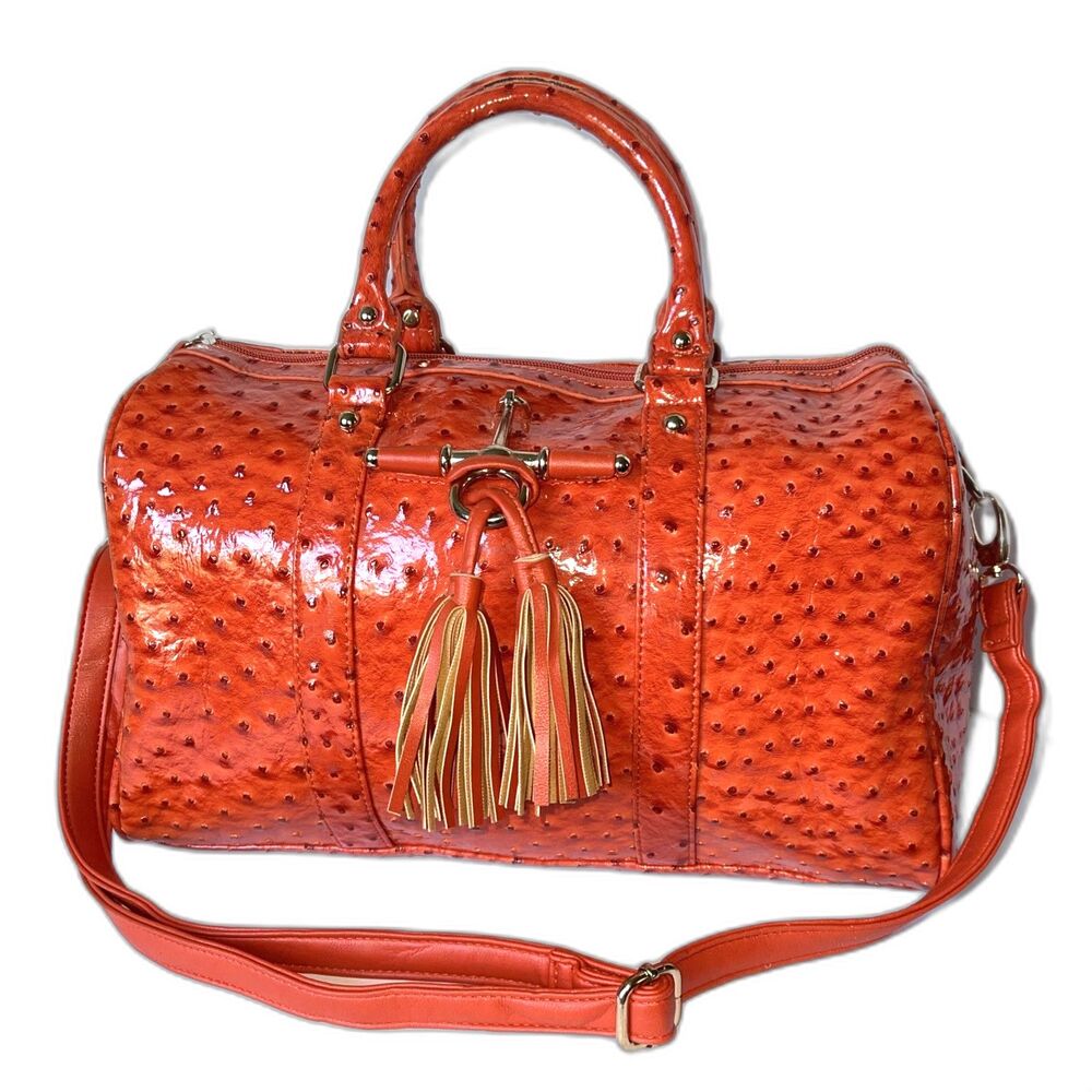 Galain Satchel Bag Burnt Orange Ostrich Embossed W/Fringe ZipTop Handles Strap